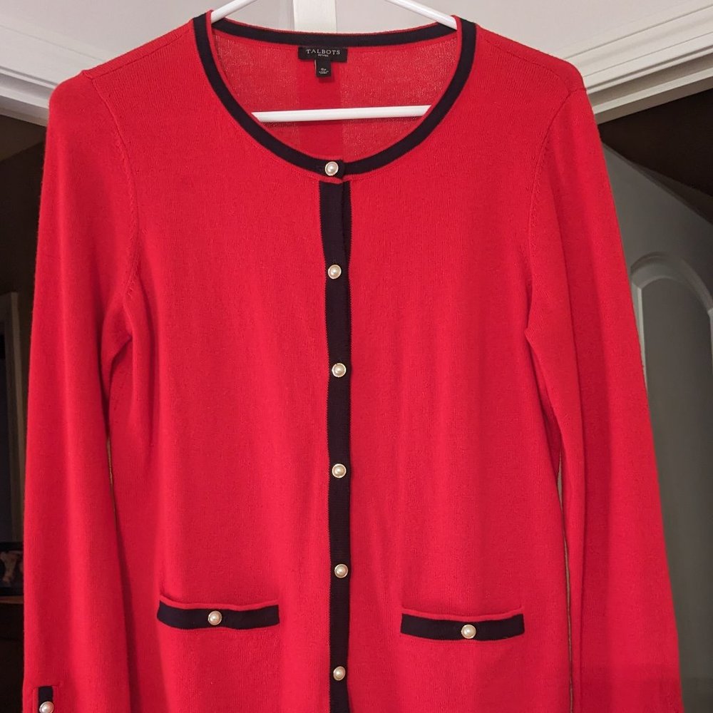 Red & black cardigan with pearl & gold buttons from Talbots Petites